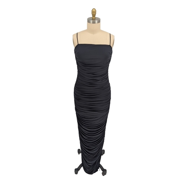 01568 Venus Ruched Mesh Maxi Dress Black Size Large party cocktail sexy goth - Picture 1 of 8